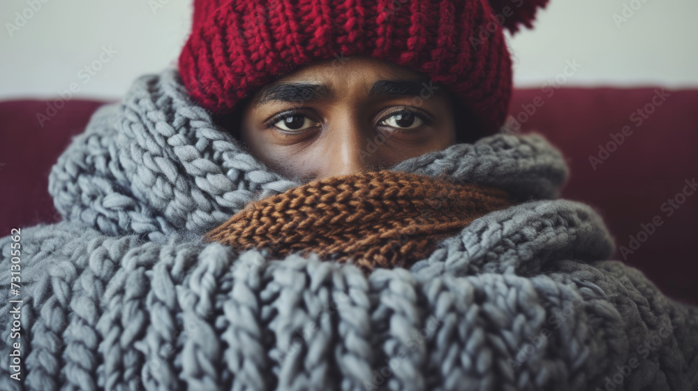 Close-up of a person's eyes peering out from a cozy, thick-knitted woolen scarf and a red knitted hat, wrapped up warmly in a textured winter fashion. Close-up of a person's eyes peering out from a cozy, thick-knitted woolen scarf and a red knitted hat, wrapped up warmly in a textured winter fashion.