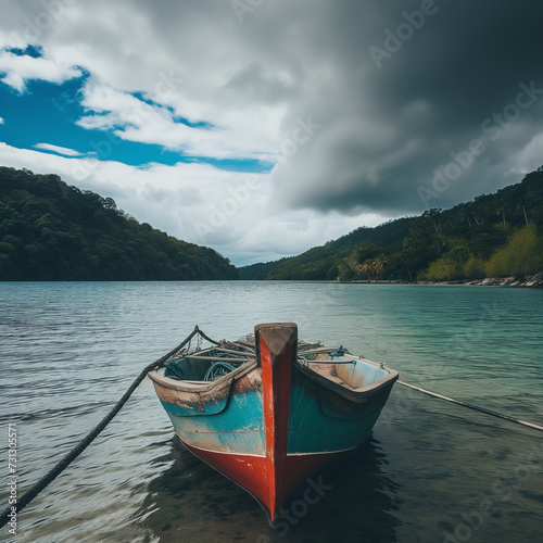 Serene Lake Scene with Moored Boat and Lush Greenery © HustlePlayground