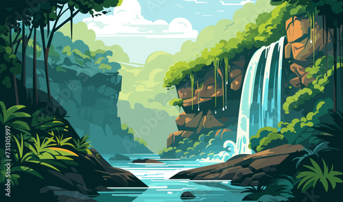 Waterfall in a forest vector flat minimalistic isolated vector style illustration
