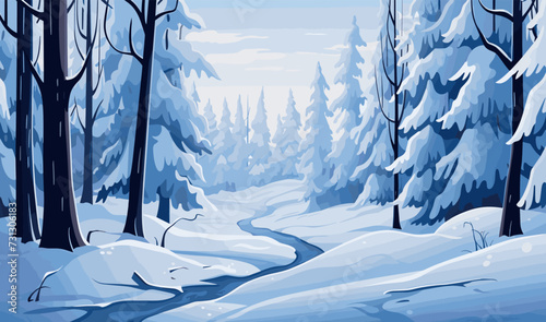 Snowy winter forest vector simple 3d smooth cut and isolated illustration