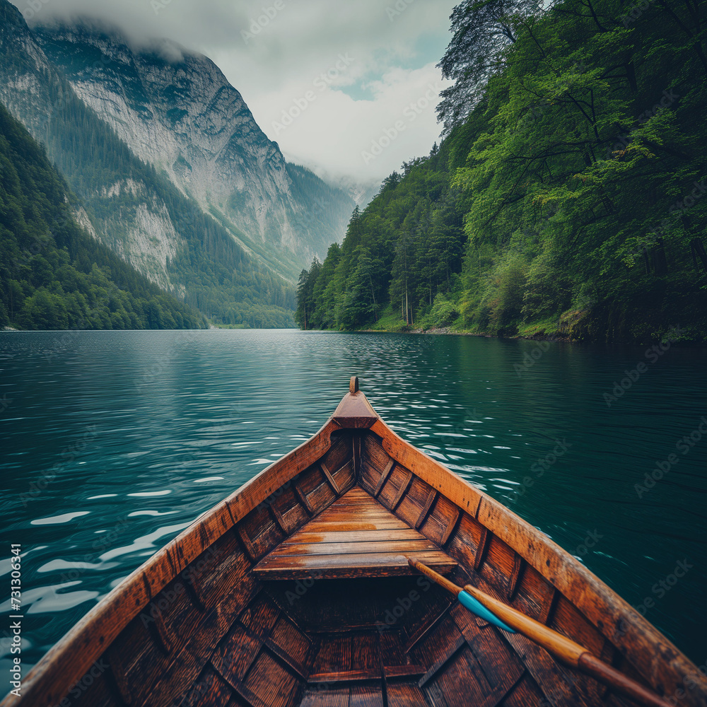 Serene Lake Journey in a Wooden Boat Surrounded by Majestic Mountains
