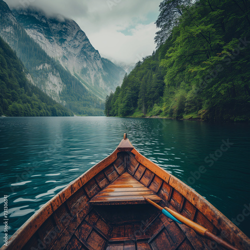 Serene Lake Journey in a Wooden Boat Surrounded by Majestic Mountains © HustlePlayground