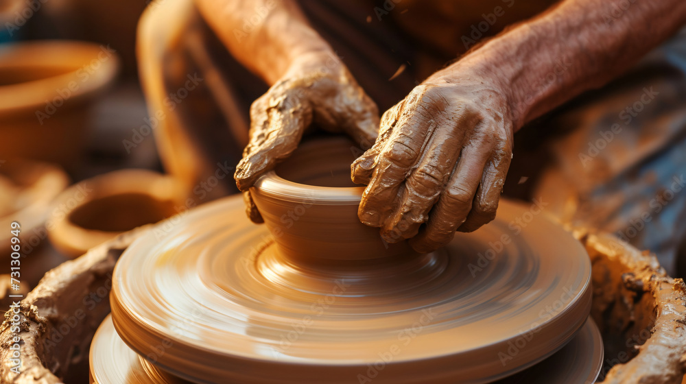 A master potter skillfully molds a lump of clay on a spinning wheel, showcasing profound artistry and remarkable manual dexterity. Every movement brings the intricate vessel to life, reveali