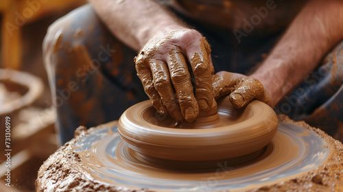 A skilled potter demonstrates their artistry and precision by shaping clay on a spinning wheel. The hands delicately mold the clay, creating a captivating display of creativity and craftsman