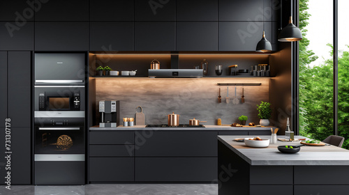 A stunning mockup featuring a premium kitchen appliance set in a sleek and modern kitchen. These appliances are the epitome of style and functionality, complementing any contemporary space. photo
