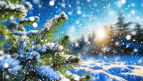 christmas tree branch with white snow christmas fir and pine tree branches covered with snow background of snow and blurred effect gently falling snow flakes against blue