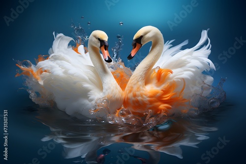 Fototapeta Naklejka Na Ścianę i Meble -  Two swans swimming in the water with an orange and white feathers.