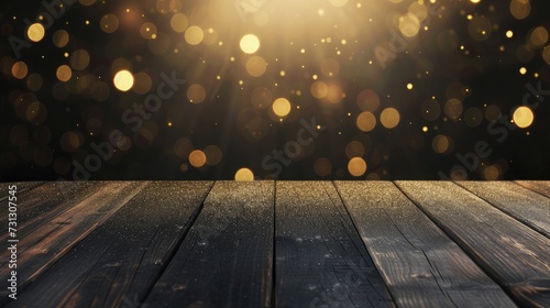 Blank blackboard on wood table with blur abstract sparkle gold background bokeh light,Mock up for display of product,Banner or header for advertise on online media,Holiday celebrate photo