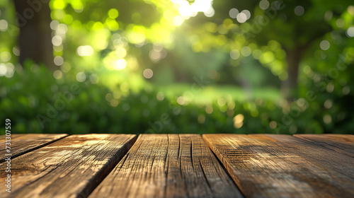 Close-up view of unoccupied rustic table nestled in verdant, blurred backyard photo