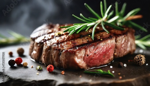grilled medium rib eye steak with rosemary and pepper macro ai generative photo