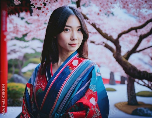 Japanese girl with colored hair wearing a geisha kimono in a Japanese setting with cherry blossom trees