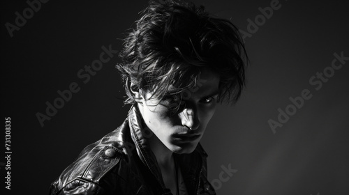 A fierce and fearless teenage rebel, around 17, exuding defiance with a bold expression. Sporting wild, disheveled hair and clad in a rugged leather jacket, he embodies youthful rebellion an