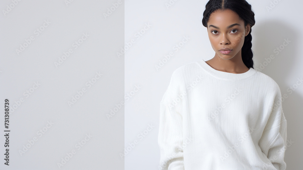studio photo of a black girl in a white jacket