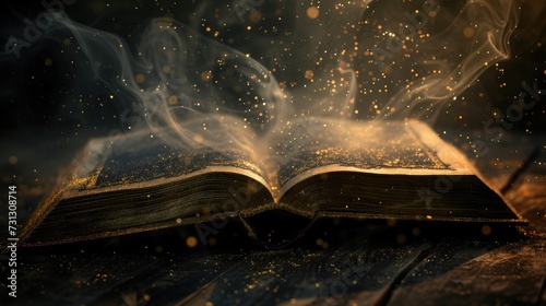 Old book opened and light particles on dark bg photo