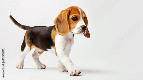 young beagle dog in mid-stride, looking to the side with a white background