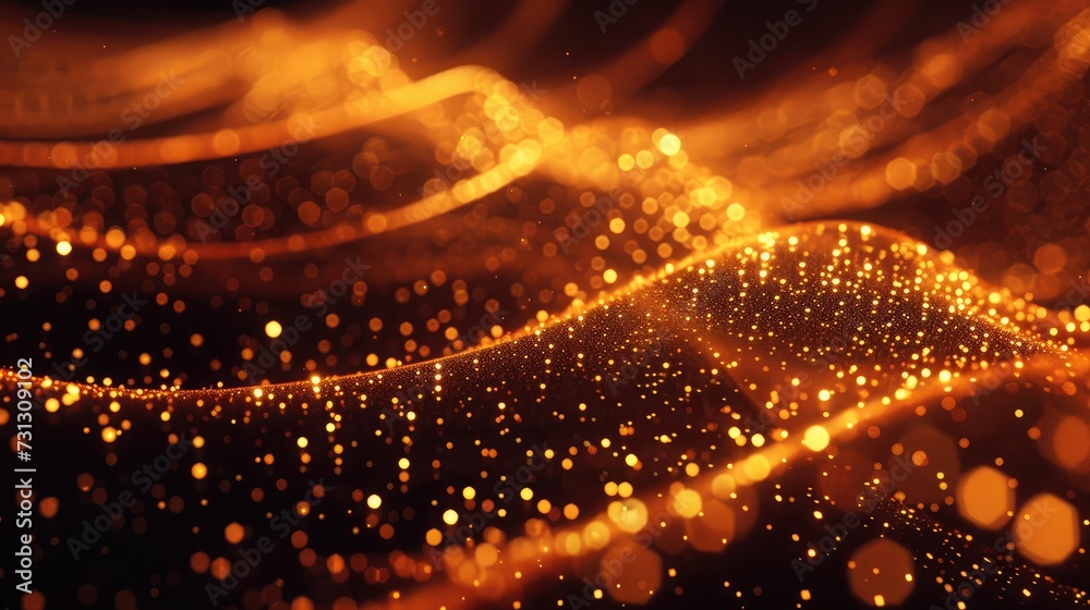 science fiction background of glowing particles with depth of field and bokeh. Particles form line and surface grid. microcosm or space. Red gold