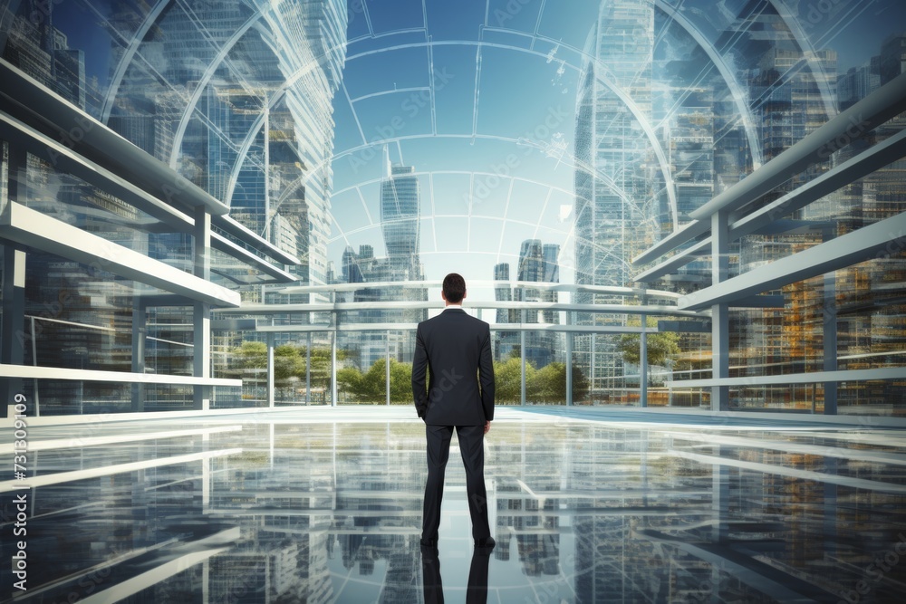 A businessman stands at the threshold of a futuristic glass building overlooking the city A businessman stands at the threshold of a futuristic glass building overlooking the city