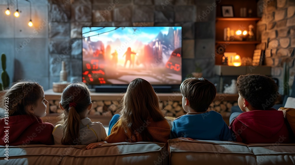 a group of children sitting on a couch watching tv together in a living room with a large screen television