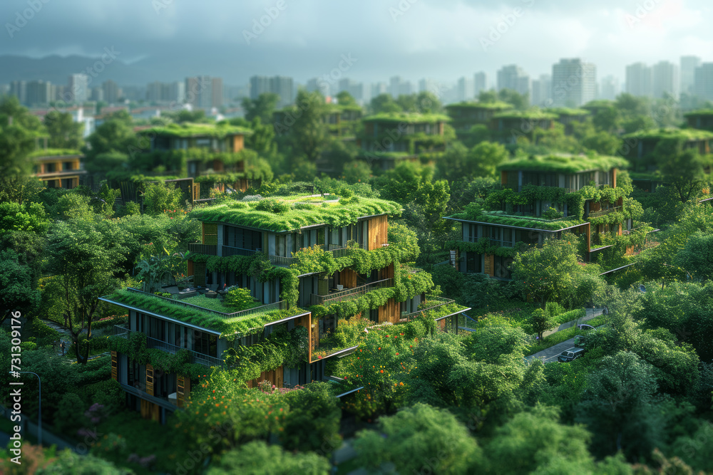Eco-conscious urban planning incorporating green spaces, renewable energy, and sustainable infrastructure. Concept of sustainable urban development. Generative Ai.