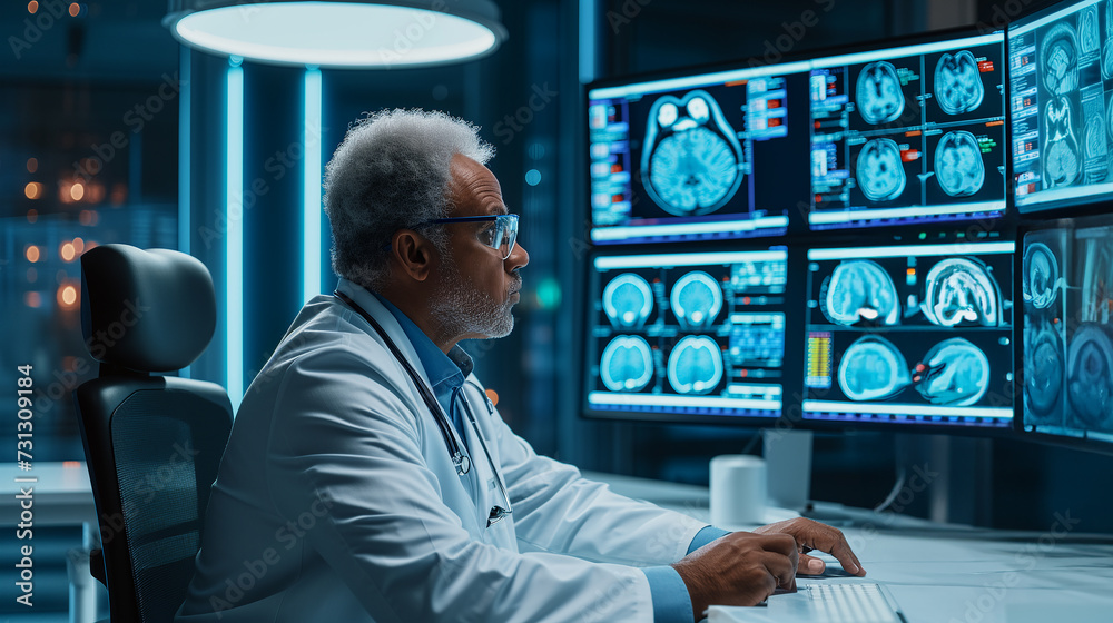 Dedicated black mature male neurologist carefully analyzes human brain scans on digital screen