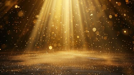 Stage light and golden glitter lights on floor. Abstract gold background for display your product. Spotlight realistic ray.