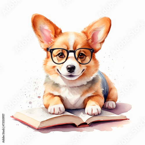 Happy cute adorable corgi puppy in glasses reading a book. Illustration in watercolor style  © Svitlana