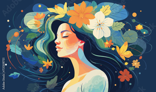 Woman with flower colorful illustration background mental health lifestyle selfcare concept