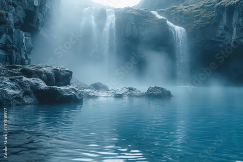 The surreal beauty of the blue lagoon, where geothermal waters meet otherworldly landscapes, creating a natural spa oasis. Concept of geothermal relaxation. Generative Ai.