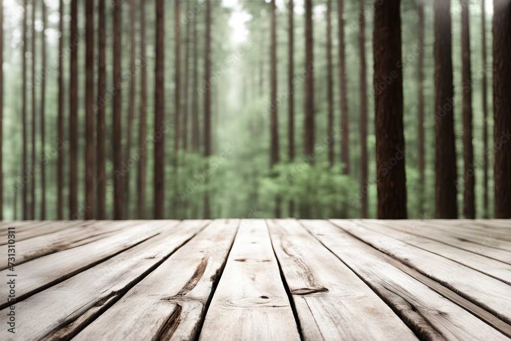 Empty rustic wood texture of old wooden tabletop, blur on green forest background Displaying layout, mounting your product, developing key visual layout. Empty rustic wood texture of old wooden tabletop, blur on green forest background Displaying layout, mounting your product, developing key visual layout.
