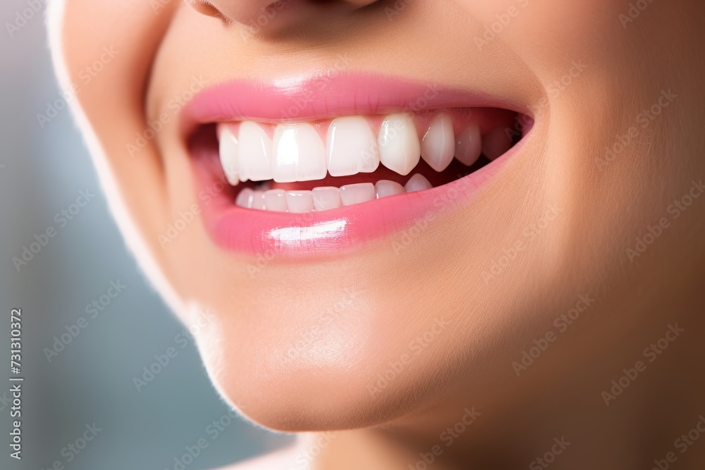 Close-up of a womans smile showcasing pearly white teeth. Close-up of a womans smile showcasing pearly white teeth.