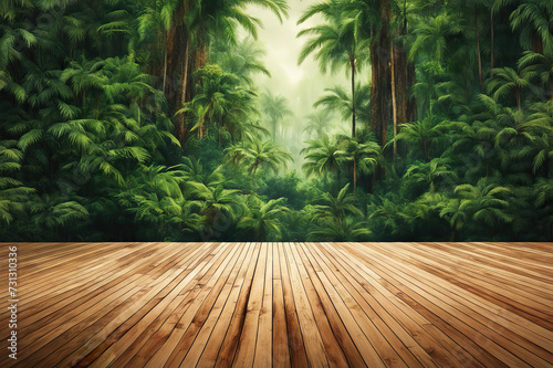 Empty rustic wood texture of old wooden tabletop  blur on green forest background Displaying layout  mounting your product  developing key visual layout.