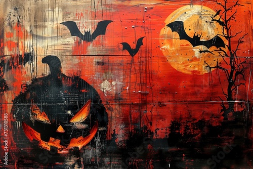 Jack-o-lantern and Bats Halloween Street Art Mural, Spooky Wallpaper, Creepy Backdrop, Scary Background Artwork © Jensen Art Co