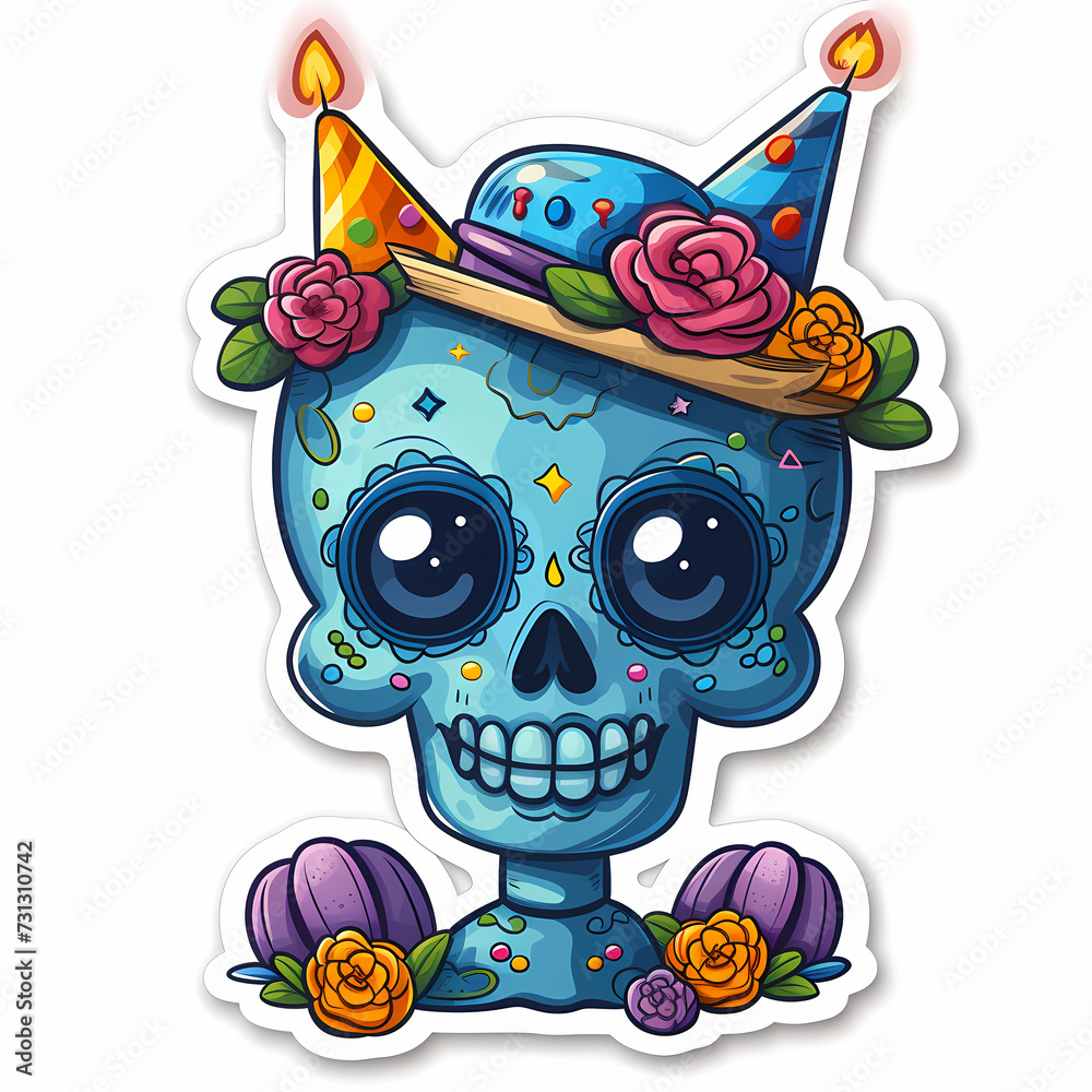 Naklejka premium Cute skull cartoon sticker on a white background