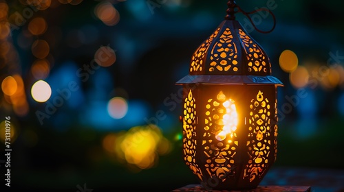 Ornamental Arabic lantern with burning candle glowing at night Ramadan Kareem concept
