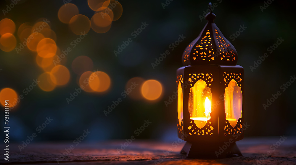 Ornamental Arabic lantern with burning candle glowing at night Ramadan Kareem concept Ornamental Arabic lantern with burning candle glowing at night Ramadan Kareem concept