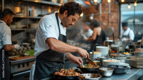 chef preparing a salad in a kitchen, in the style of earthy naturalism