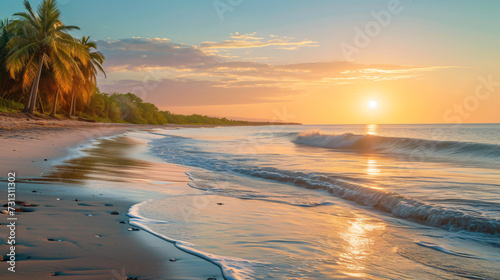 A breathtaking sunset paints the sky in vibrant hues, casting a warm glow over a serene beach. The tranquil scene beautifully captures the harmony of nature and the importance of environment