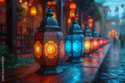 A tranquil night scene with candles glowing in colorful lanterns, creating a serene ambiance for late-night prayers and reflection. Concept of spiritual tranquility. Generative Ai. © Sebastian