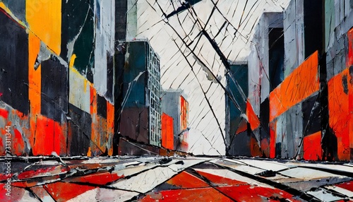 fractured urban environment in the style of expressionism
