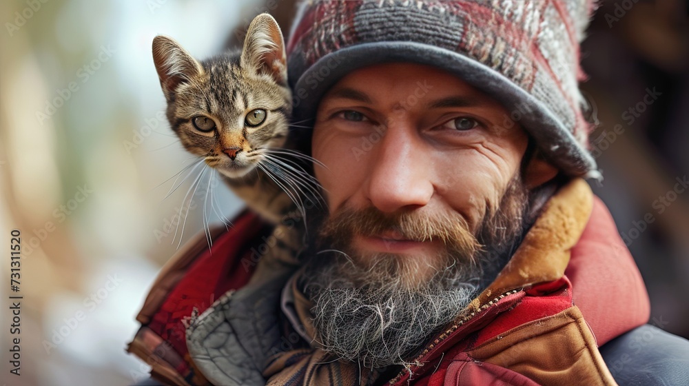 Rugged man with adorable kitten