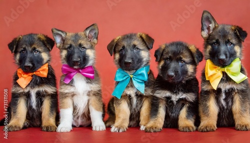 lots of funny puppies with different colored ribbons sit on a red background in the studio children belgian shepherd six pieces