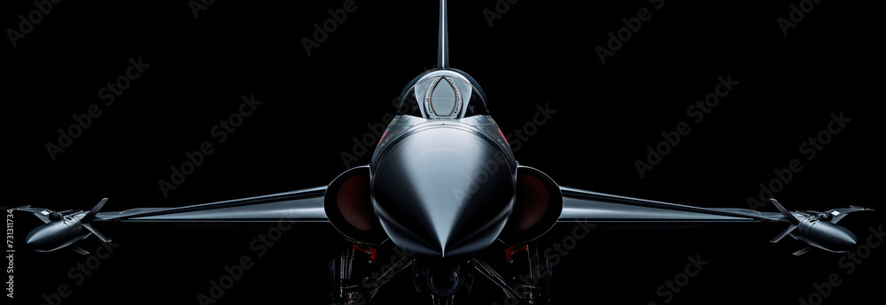 Fotografia en clave baja de un avión de combate moderno con fondo negro. - obrazy, fototapety, plakaty 