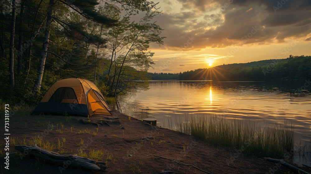A peaceful lakeside camping scene bathed in the warm hues of a breathtaking sunset, immersing you in the true essence of outdoor adventure and deep connection with nature.