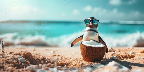 Penguin wearing sunglasses and drinking from coconut on the tropical beach vacation. Spring break and summer vacation concept