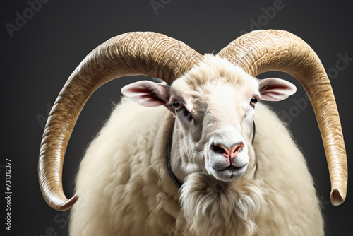 A ram, a horned male, looks into the chamber. A big horned sheep. Created by artificial intelligence. photo
