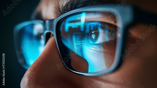 a close-up view of an eye seen through a pair of glasses reflecting blue digital data and graphs, suggesting a theme of technology and analytics