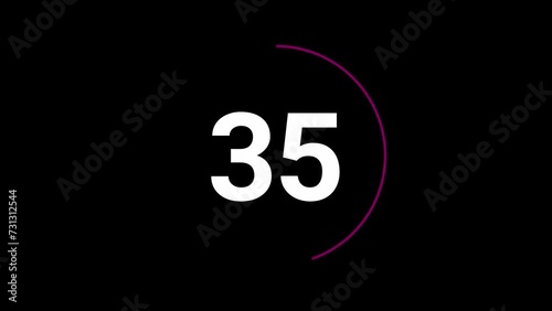 Stylish 40 seconds magenta and white countdown timer on black bg. Circle shaped smooth animated indicator. Magena (or purple, pink) and white colour on black background. photo