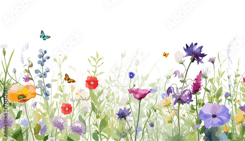 Watercolor floral seamless border ??" Wildflowers: summer flower, blossom, poppies, chamomile, dandelions, cornflowers, lavender, violet, bluebell, clover, buttercup, butterfly. © Svitlana