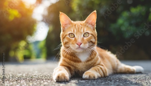 ginger tabby cat lying on the asphalt © Wendy