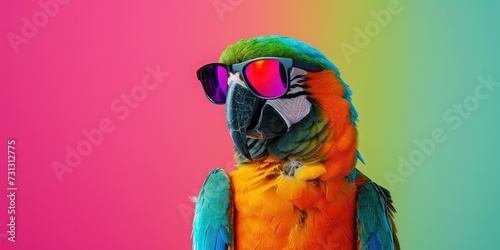 Parrot (Macaw) wearing sunglasses on colorful background for summer vacation concept photo